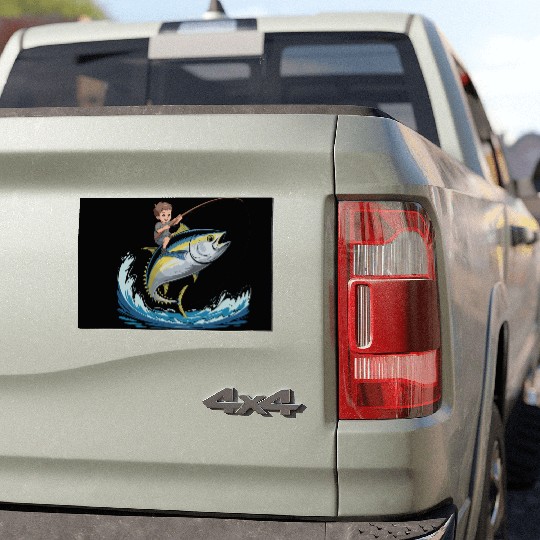 Joyful young boy rides massive jumping tuna Car Magnets