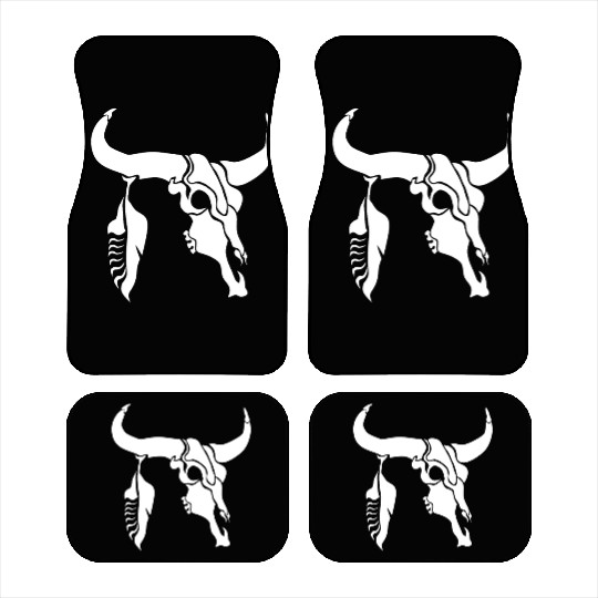 Tribal White Longhorn Bull Skull w White Feather Car Mats