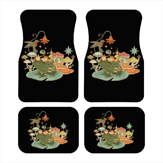 Cottagecore with frog, mushrooms and hummingbird Car Mats
