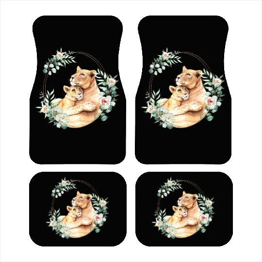 Mommy and Baby Lion in a Floral Gold Wreath Frame Car Mats