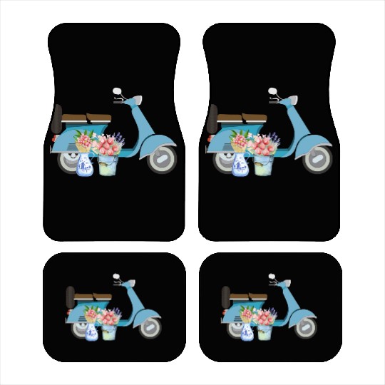 Blue Retro Scooter With Tulips Art Design Car Mats