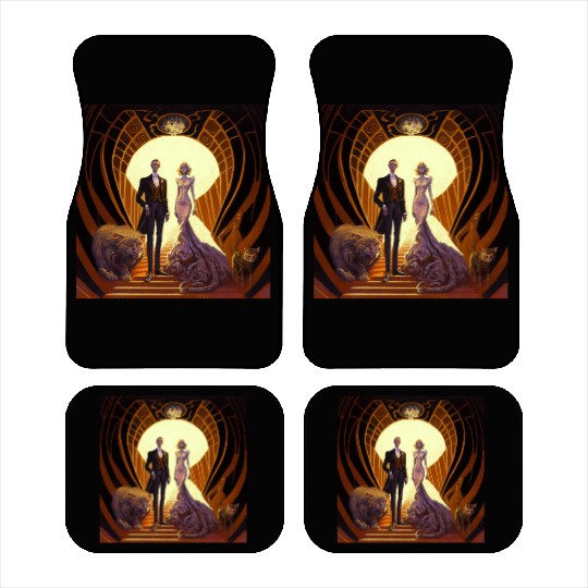 A man wear tuxedo standing next to a woman a dress Car Mats