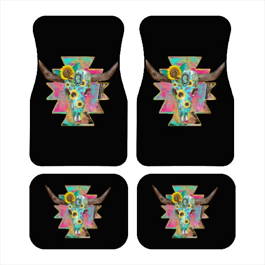 Colorful Floral Bull Skull Car Mats
