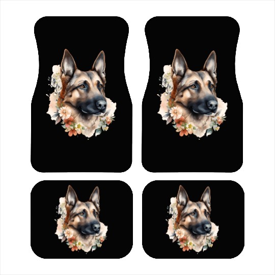 German Shepherd Dog Watercolor Floral Car Mats