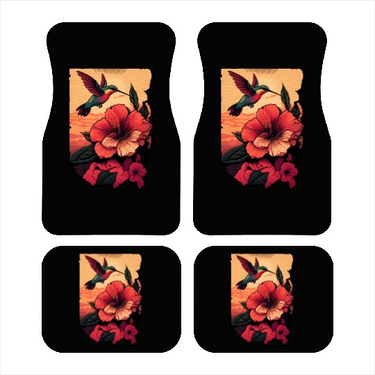 Hummingbird flies over hibiscus flower Tropical Car Mats