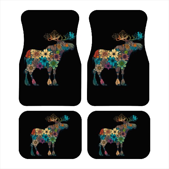 Floral Moose Elk Deer Wild Animal Watercolor 4 Car Mats