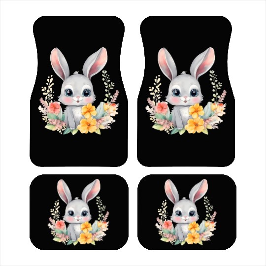Grey Bunny Rabbit Watercolor Floral Car Mats