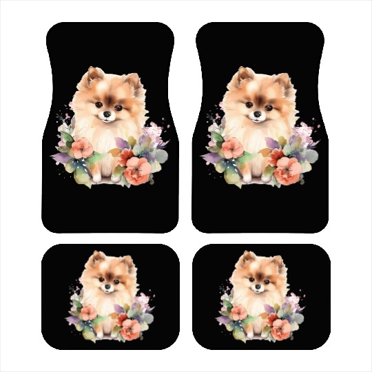 Pomeranian Dog Watercolor Floral Car Mats
