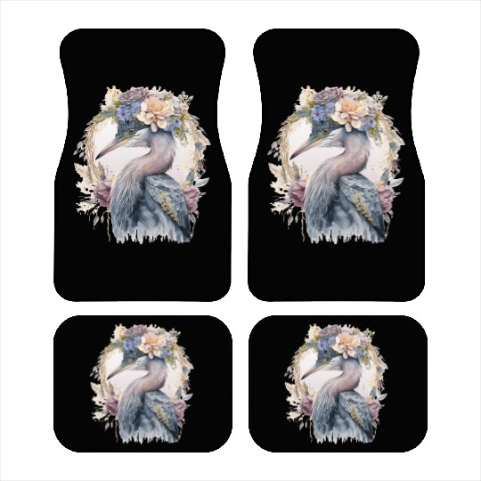 Watercolor Heron Freshwater Bird Watching Flower C Car Mats