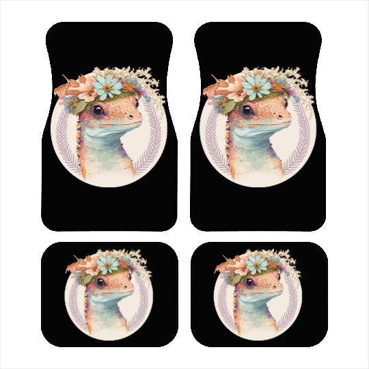 Cute Watercolor Gecko Reptile Flower Crown Boho Ae Car Mats
