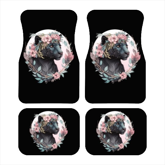 Floral Black Leopard Watercolor Flower Crown Graph Car Mats