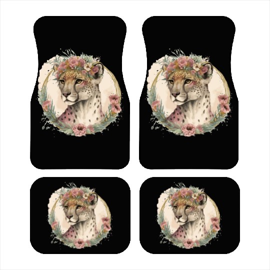 Cute Watercolor Cheetah Flower Crown Safari Animal Car Mats