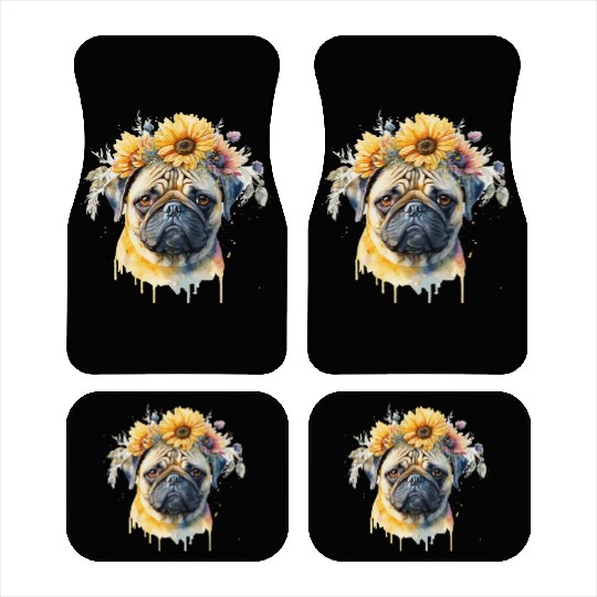 Cute Pug Sunflower Dog Breed Pet Puppy Car Mats