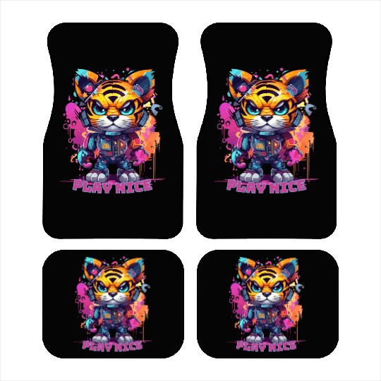 Play Nice Car Mats: Robot Tiger Synthwave Graffiti Kids