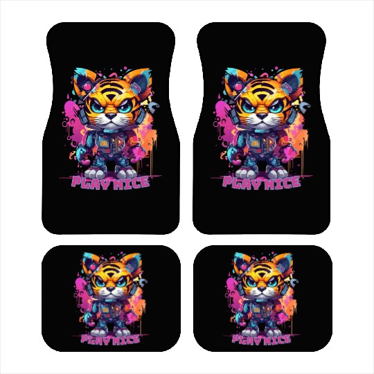 Play Nice Car Mats: Robot Tiger Synthwave Graffiti Kids