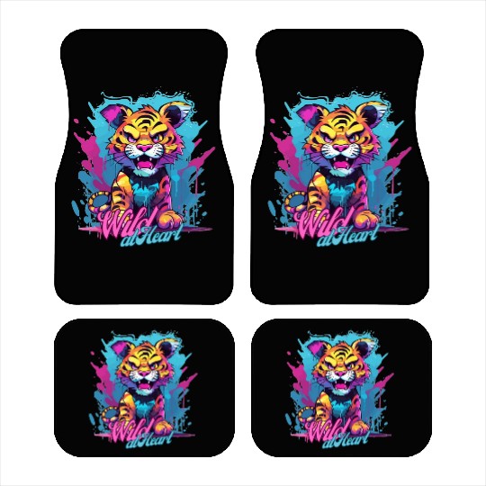 Vibrant Synthwave Sabertooth Tiger Graffiti Kids Car Mats