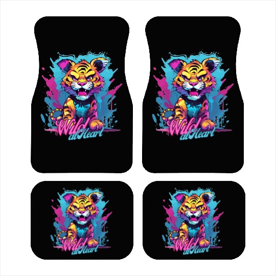Vibrant Synthwave Sabertooth Tiger Graffiti Kids Car Mats