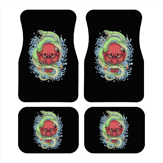 Japanese oni mask with peony flower and greem snak Car Mats