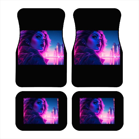 Synthwave girl in front of a neon light city Car Mats