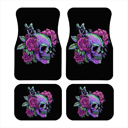 Skeleton Car Mats, Neon Skull Roses Gothic Skeleton