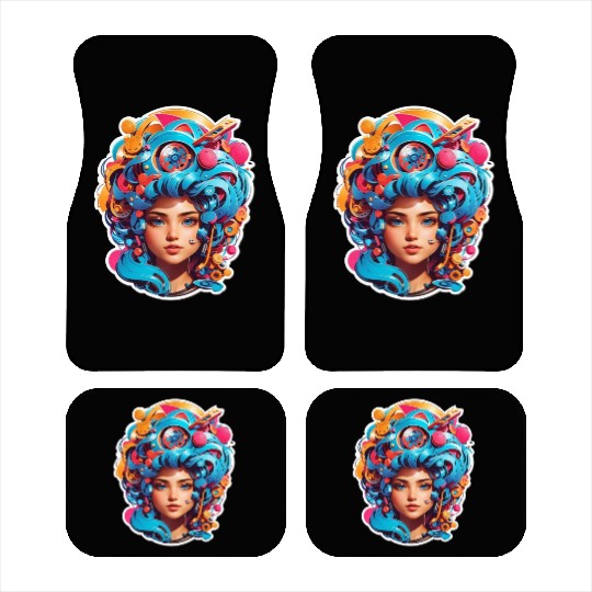 Psychedelic girl with multi color hair. futuristic Car Mats