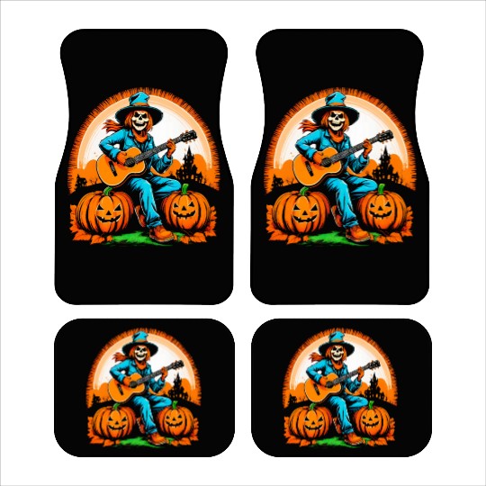 Happy Halloween scarecrow plays guitar Car Mats