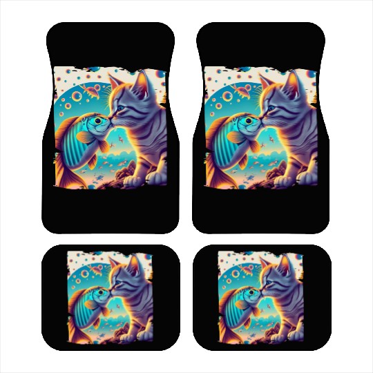 Funny Cat Kitten Drawing Kissing Gourami Fish Car Mats
