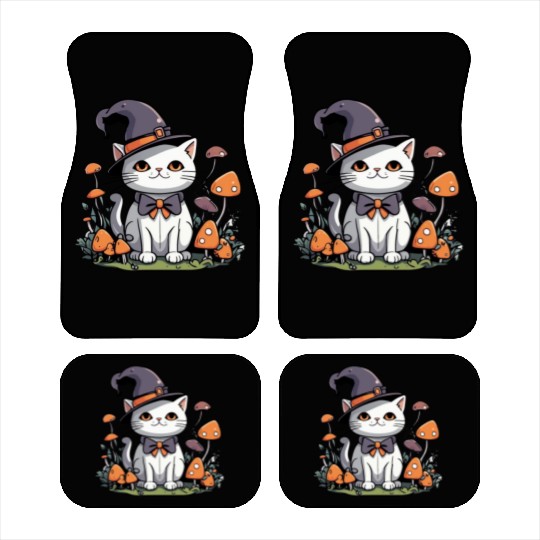 Whimsical Witch Cat with Mushrooms Car Mats