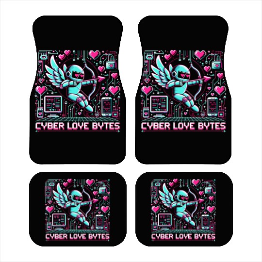 Cyber Love Bytes 8bit Cupid Robot and Neon Hearts Car Mats