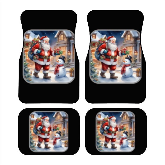 Santa Claus and a snowman distributes gifts. Car Mats