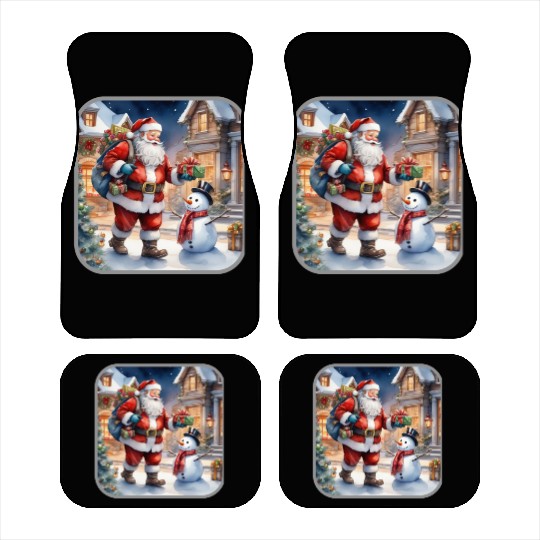 Santa Claus and a snowman distributes gifts. Car Mats
