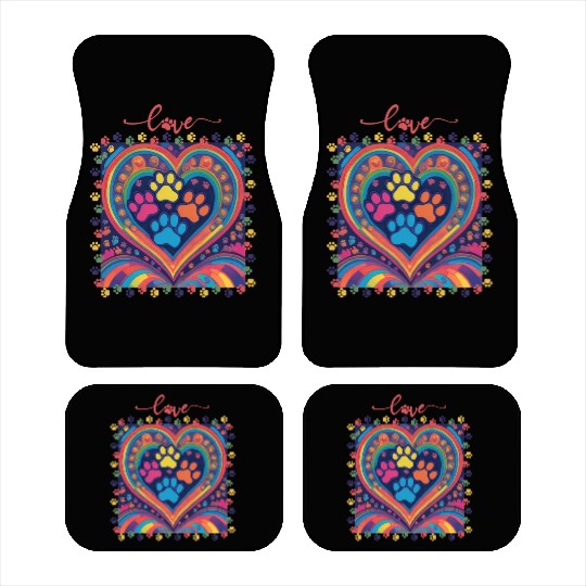 Rainbow Heart Love paw prints Car Mats