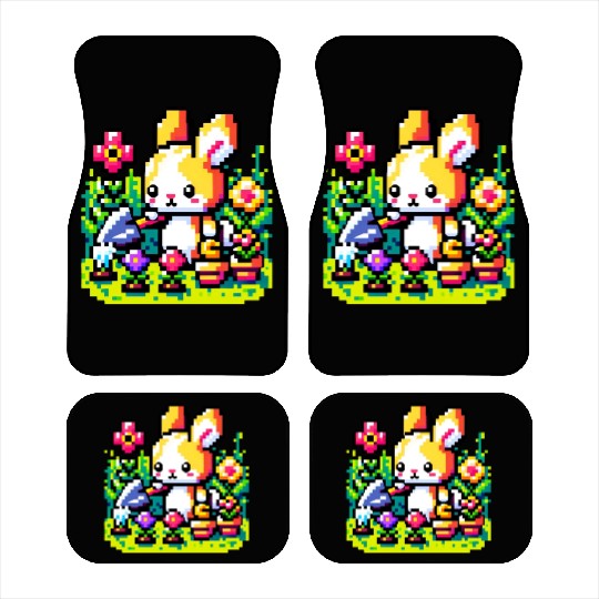 8-Bit Bunny Gardener: Retro Digital Garden Scene Car Mats