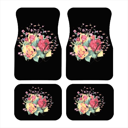 Letter E Monogram Floral Roses Heart Car Mats