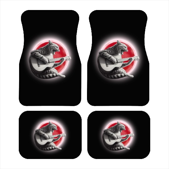 Rock Cat Playing Guitar Car Mats under the red moon