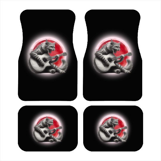 Rock Cat Playing Guitar Car Mats under the red moon