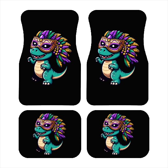 Mardi Gras T-Rex Dino: Mask and Beads Car Mats