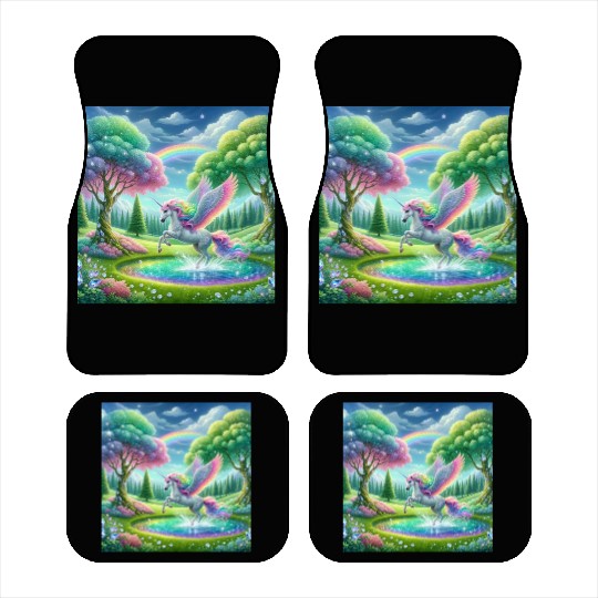 Enchanted Rainbow Unicorn Over Sparkling Pond Car Mats