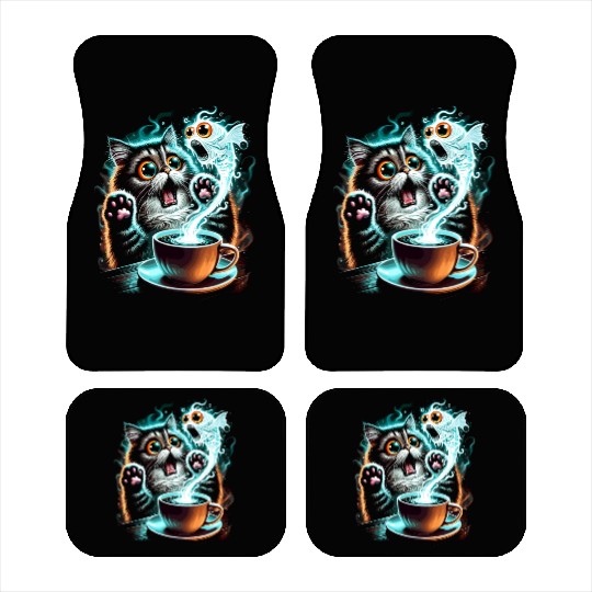 Hilarious Scared Cat and Ghost Fish Design Car Mats