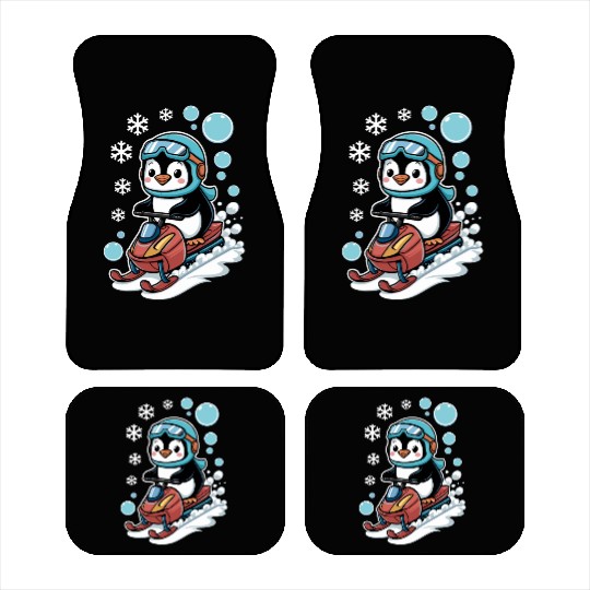 Cute Penguin Riding Snowmobile Winter Fun Car Mats