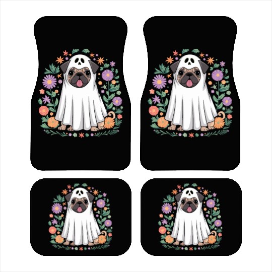 Halloween Pug Ghost Surrounded by Flowers Car Mats