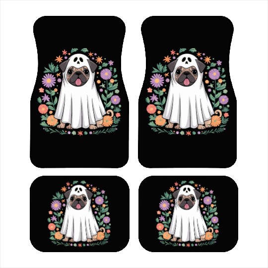 Halloween Pug Ghost Surrounded by Flowers Car Mats