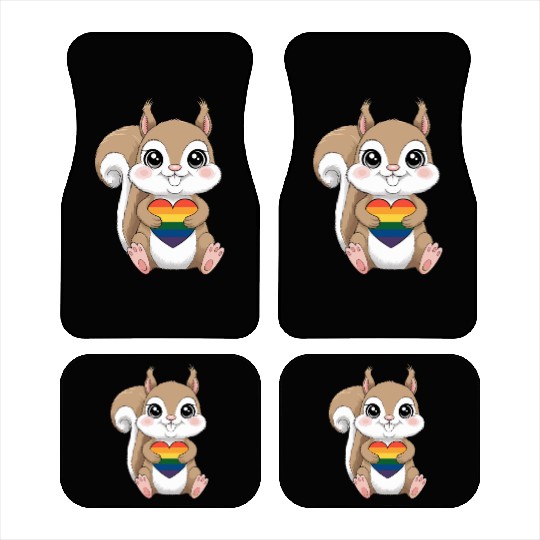 Cute Squirrel Holding Rainbow Heart LGTBQ Love Car Mats