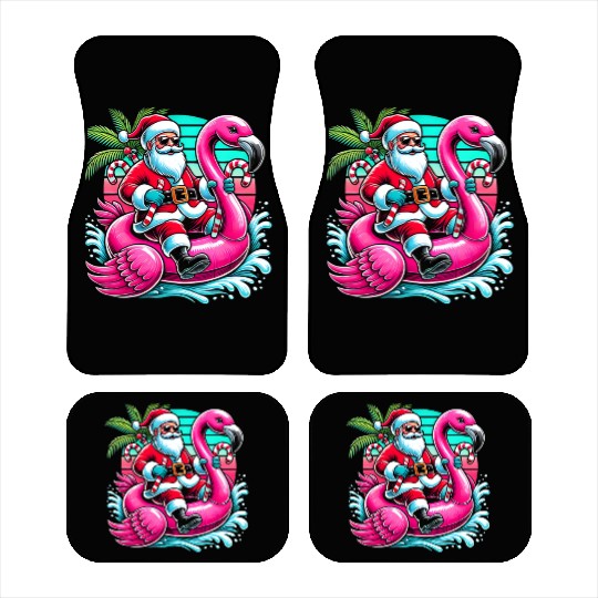 Santa Riding Flamingo in Tropical Christmas Fun Car Mats
