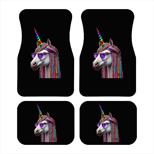 Rainbow Unicorn with Braids and Sunglasses Swag Car Mats