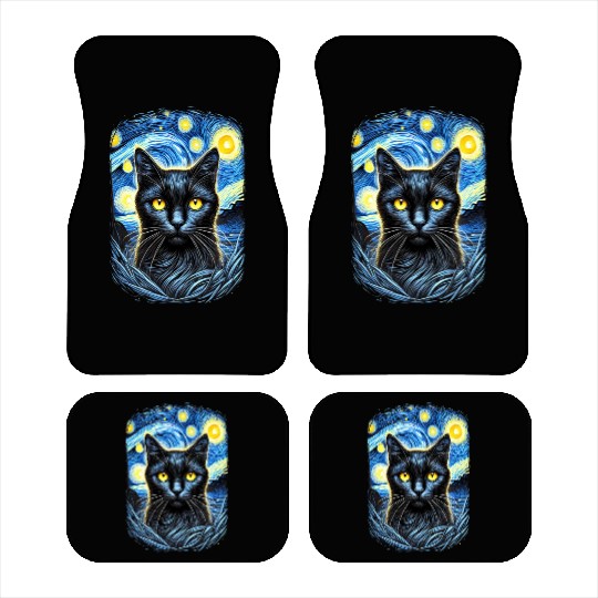 Funny Starry Night Black Cat Van Gogh Art Cat Car Mats