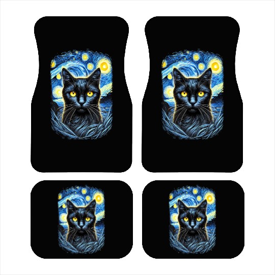 Funny Starry Night Black Cat Van Gogh Art Cat Car Mats