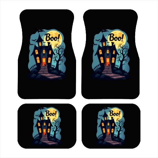 spooky haunted house with a black cat sitting Car Mats