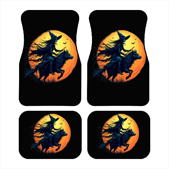 Halloween Witch Riding a Wolf Under Full Moon Car Mats