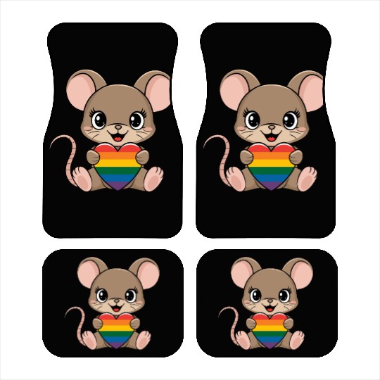 Cute Mouse Holding LGTBQ Rainbow Heart Car Mats